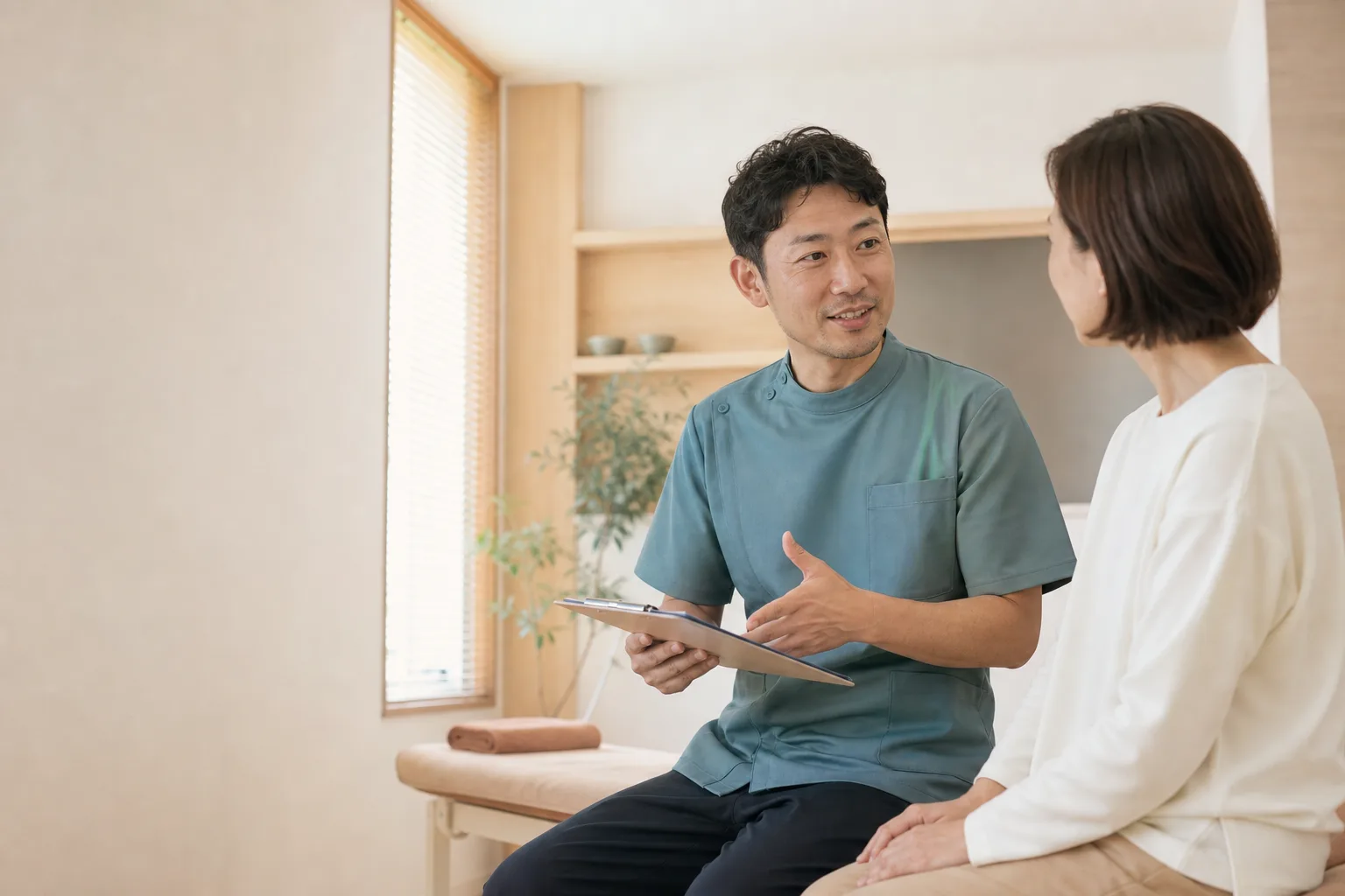 明るいケアルームで来院者に説明する施術者